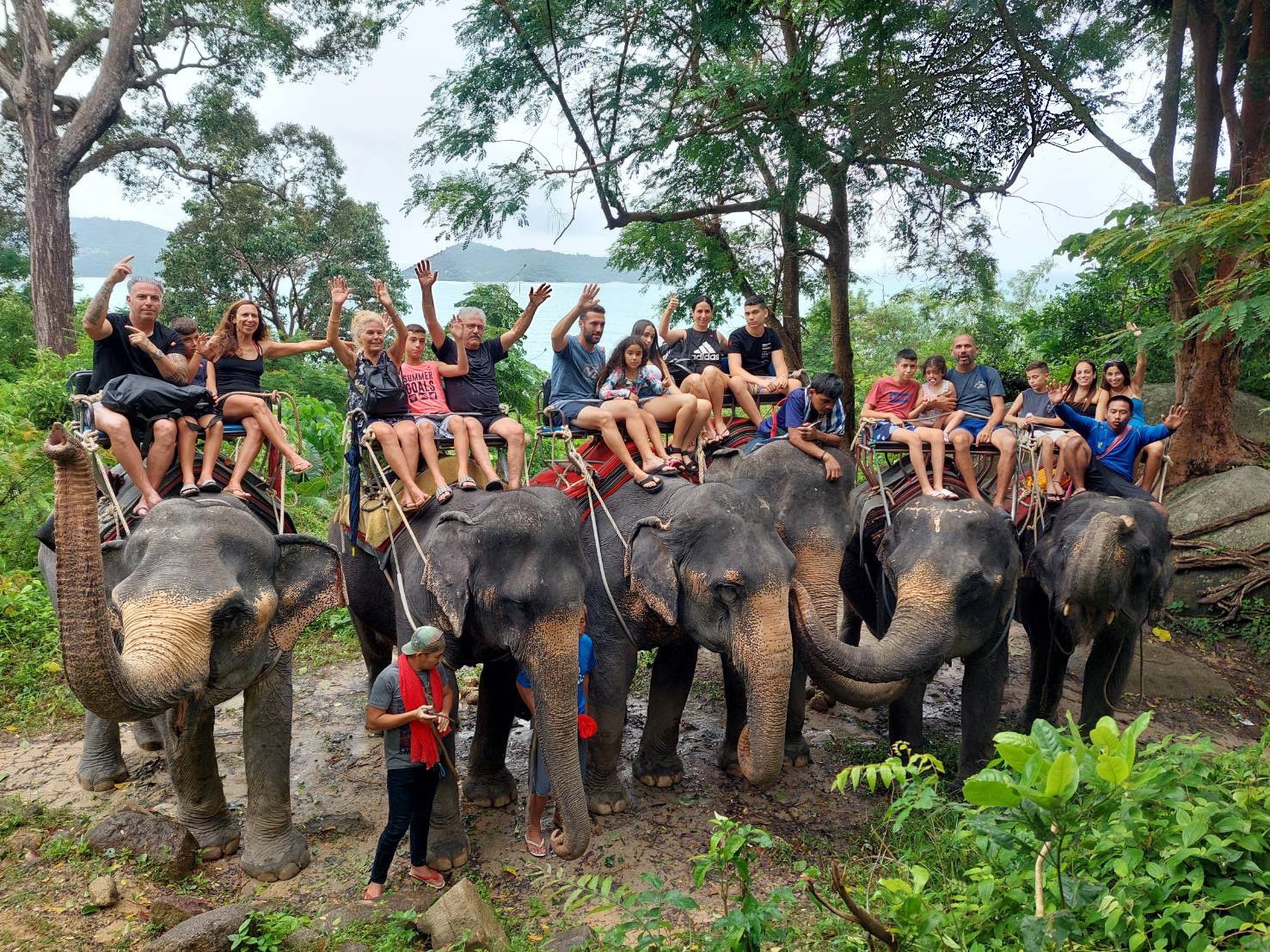 カリムビーチのジャングルで象に乗る様子